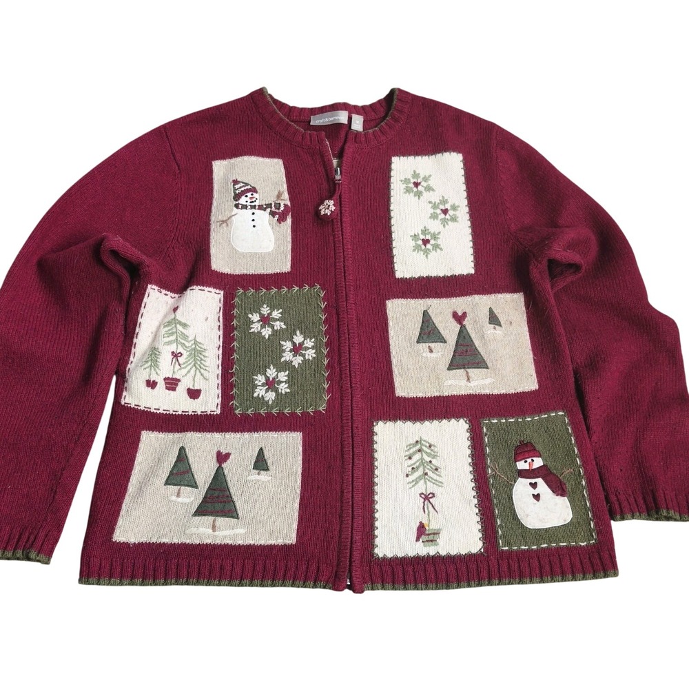 Croft & Barrow Snowman Patchwork Christmas Zip‎ Cardigan Sweater M